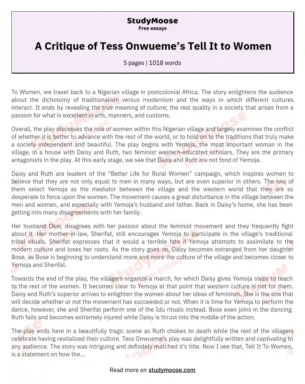 A Critique of Tess Onwueme’s Tell It to Women essay