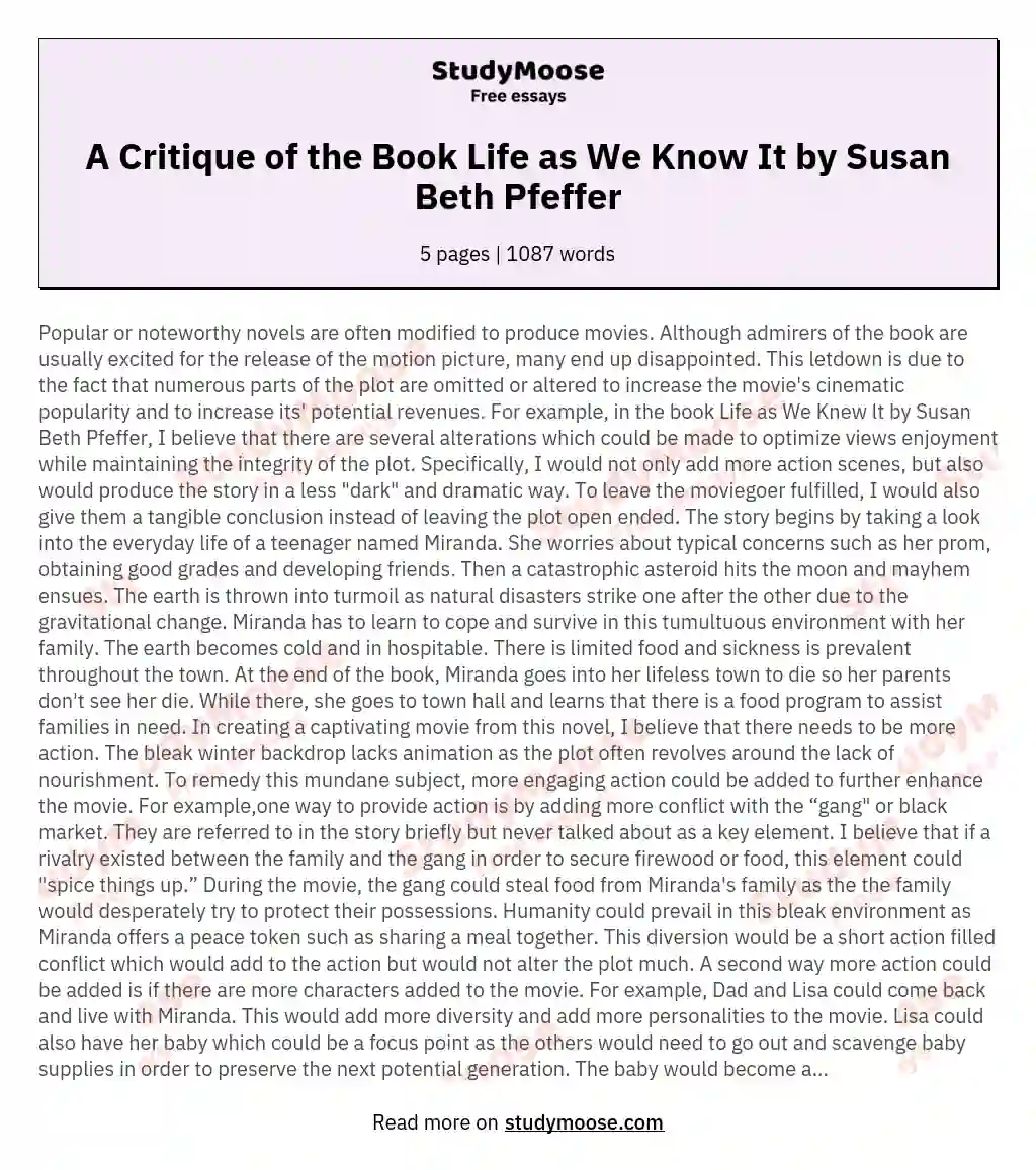 A Critique of the Book Life as We Know It by Susan Beth Pfeffer essay