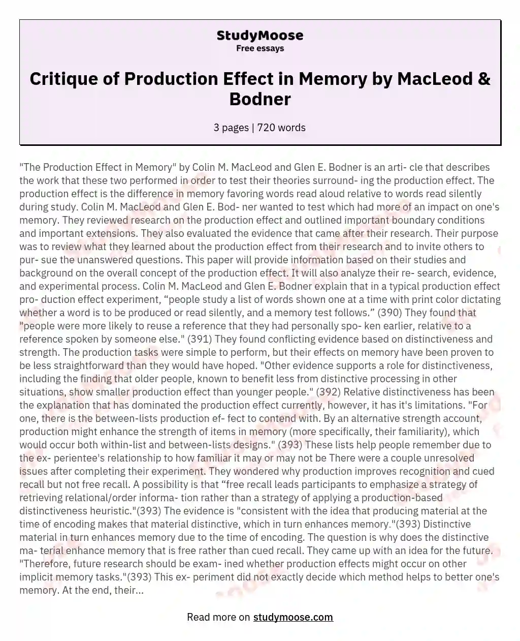 Critique of Production Effect in Memory by MacLeod & Bodner essay
