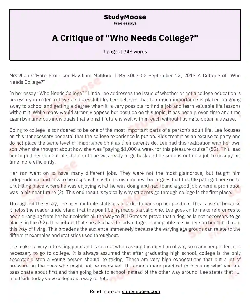 A Critique of "Who Needs College?" essay