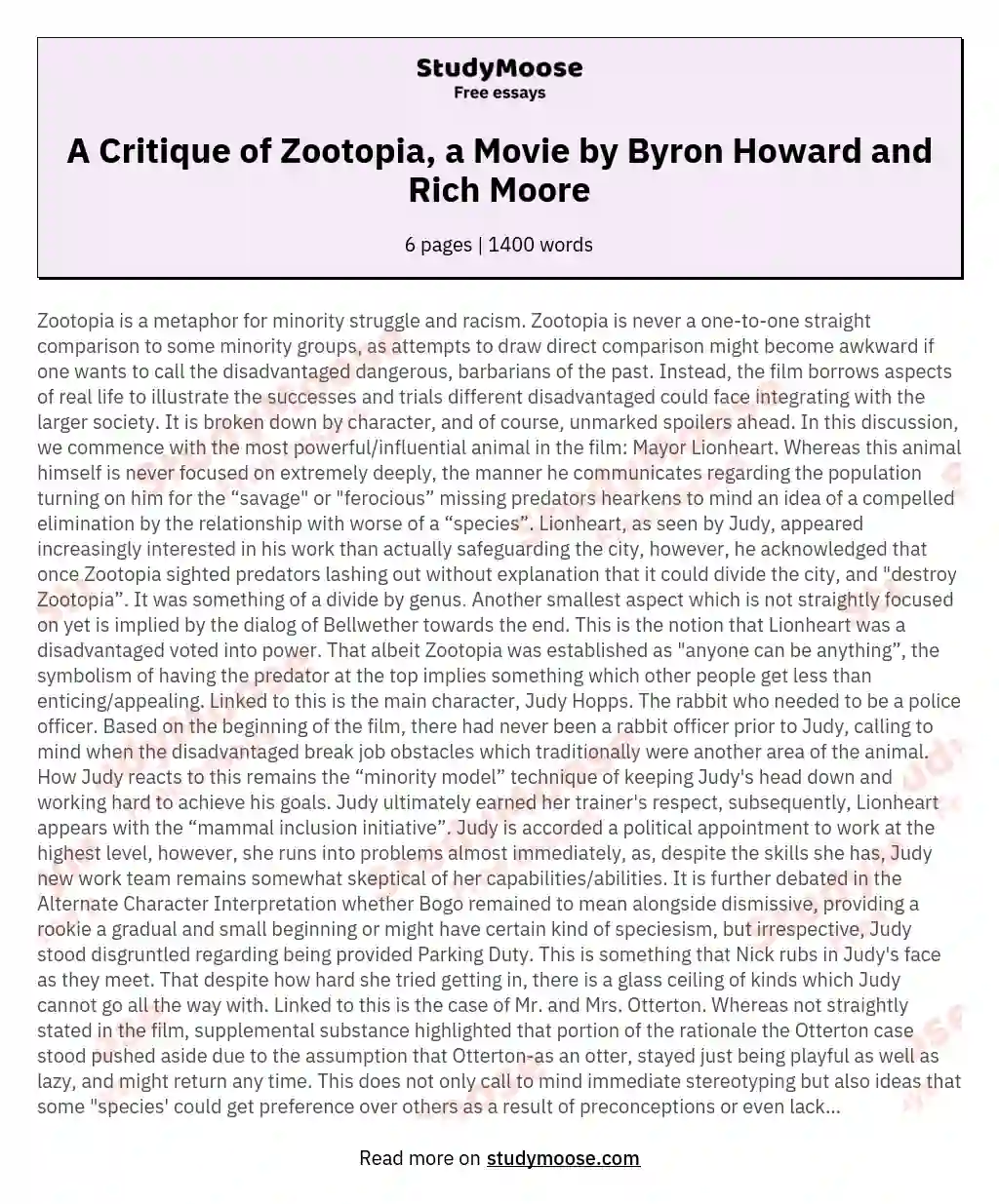 A Critique of Zootopia, a Movie by Byron Howard and Rich Moore essay