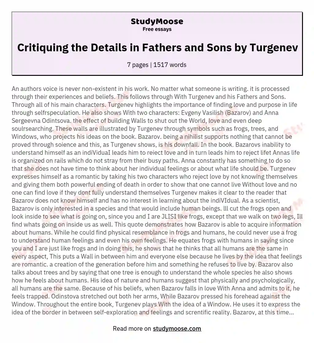 Critiquing the Details in Fathers and Sons by Turgenev essay