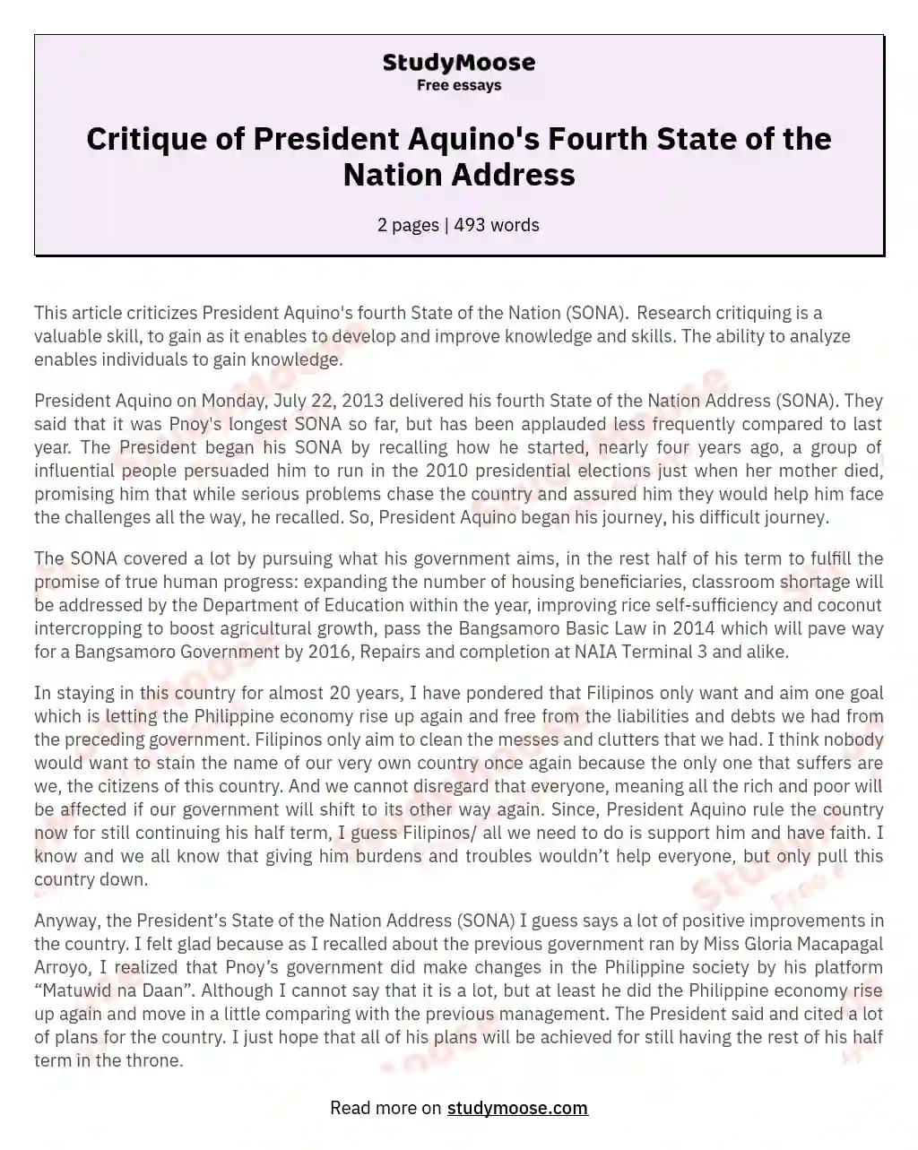 Critique of President Aquino's Fourth State of the Nation Address essay