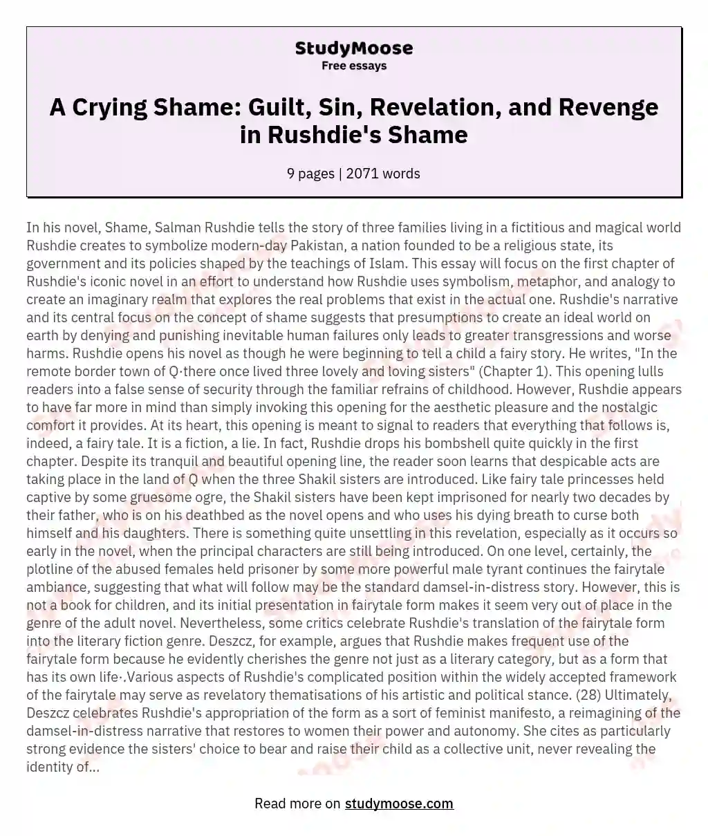 A Crying Shame: Guilt, Sin, Revelation, and Revenge in Rushdie's Shame essay