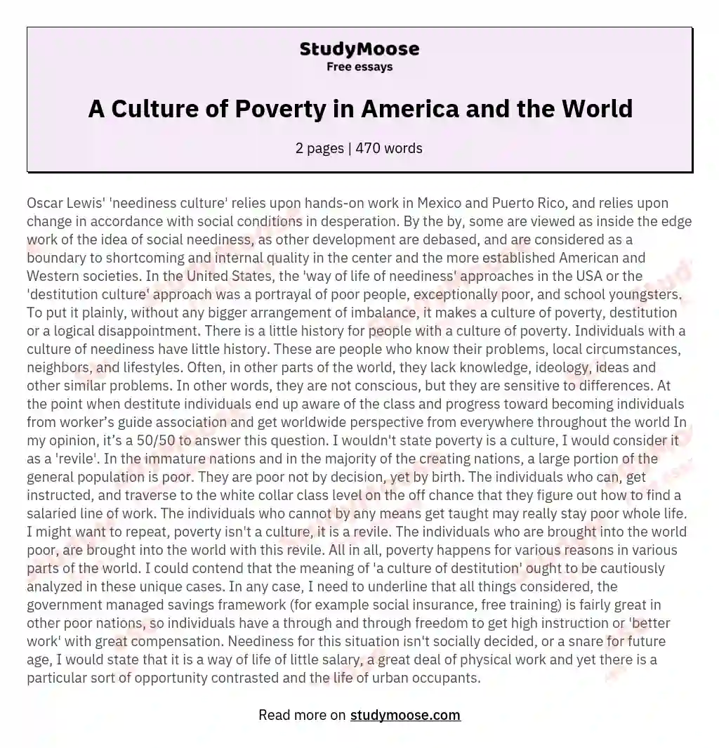 A Culture of Poverty in America and the World essay
