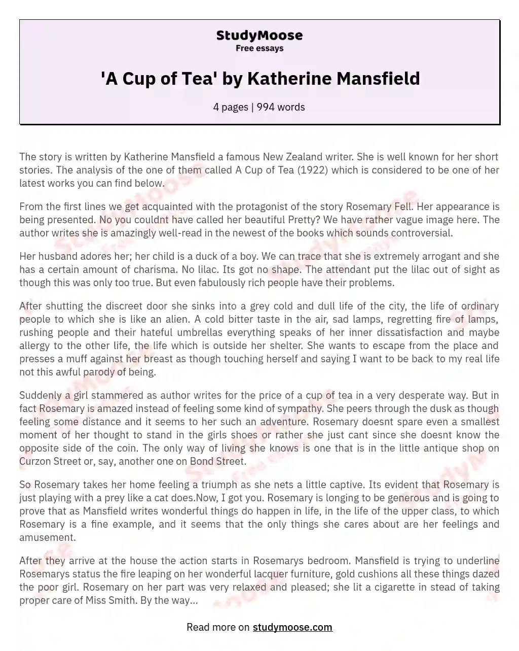 'A Cup of Tea' by Katherine Mansfield essay