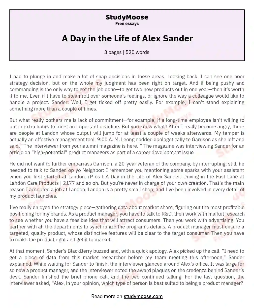 A Day in the Life of Alex Sander essay