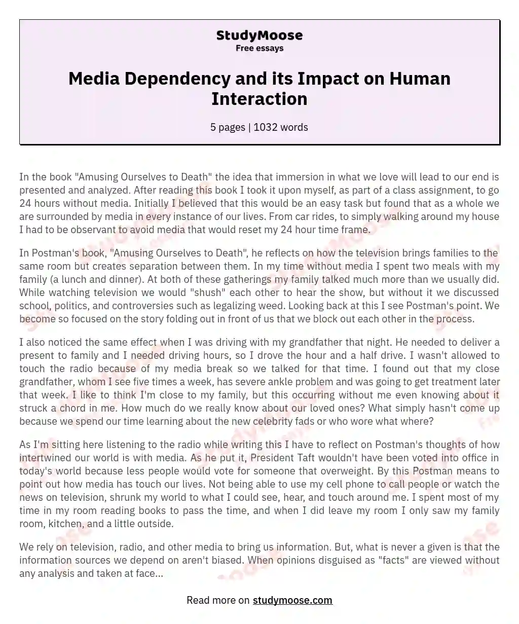 Media Dependency and its Impact on Human Interaction essay