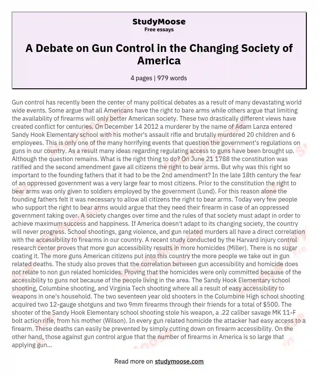 A Debate on Gun Control in the Changing Society of America essay