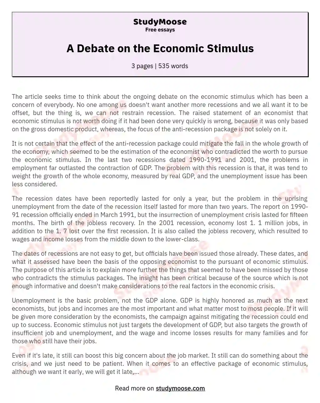 A Debate on the Economic Stimulus essay
