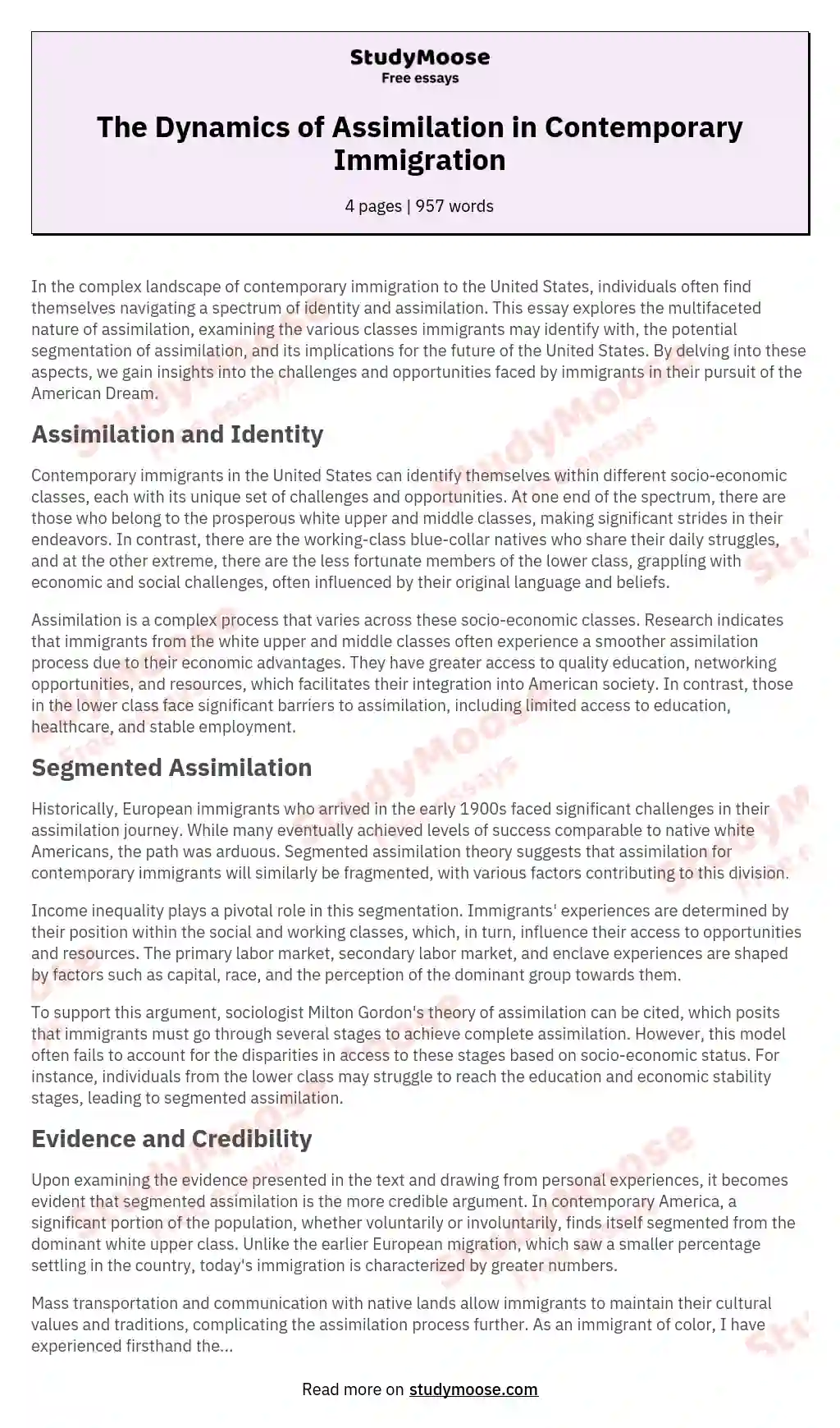 The Dynamics of Assimilation in Contemporary Immigration essay