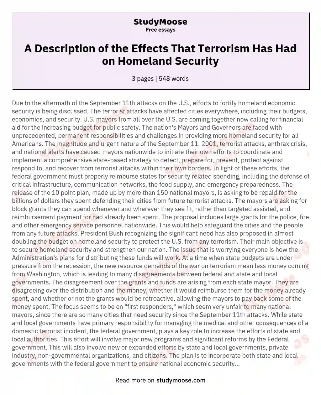 A Description of the Effects That Terrorism Has Had on Homeland Security essay