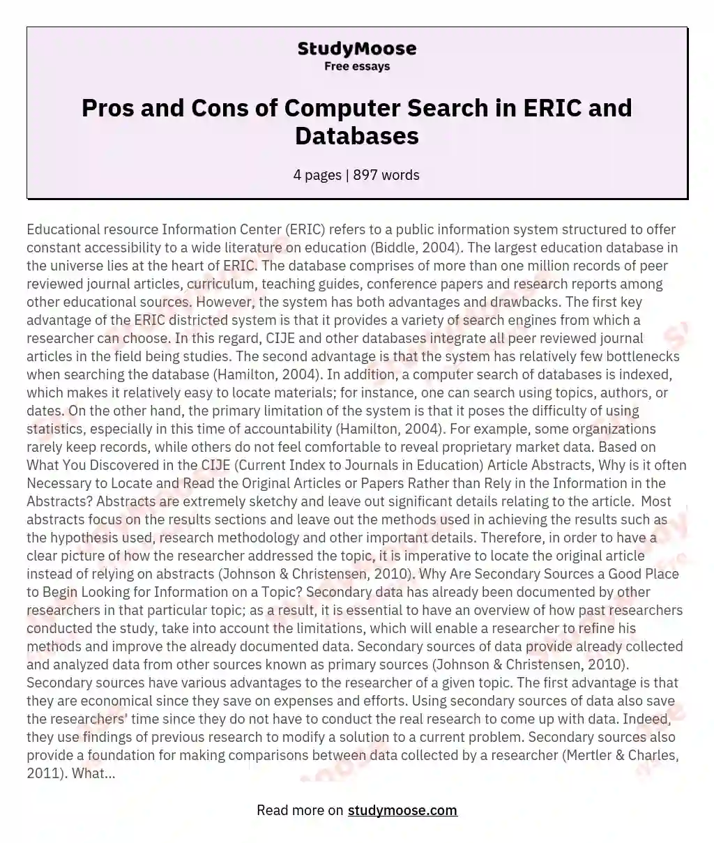Pros and Cons of Computer Search in ERIC and Databases essay