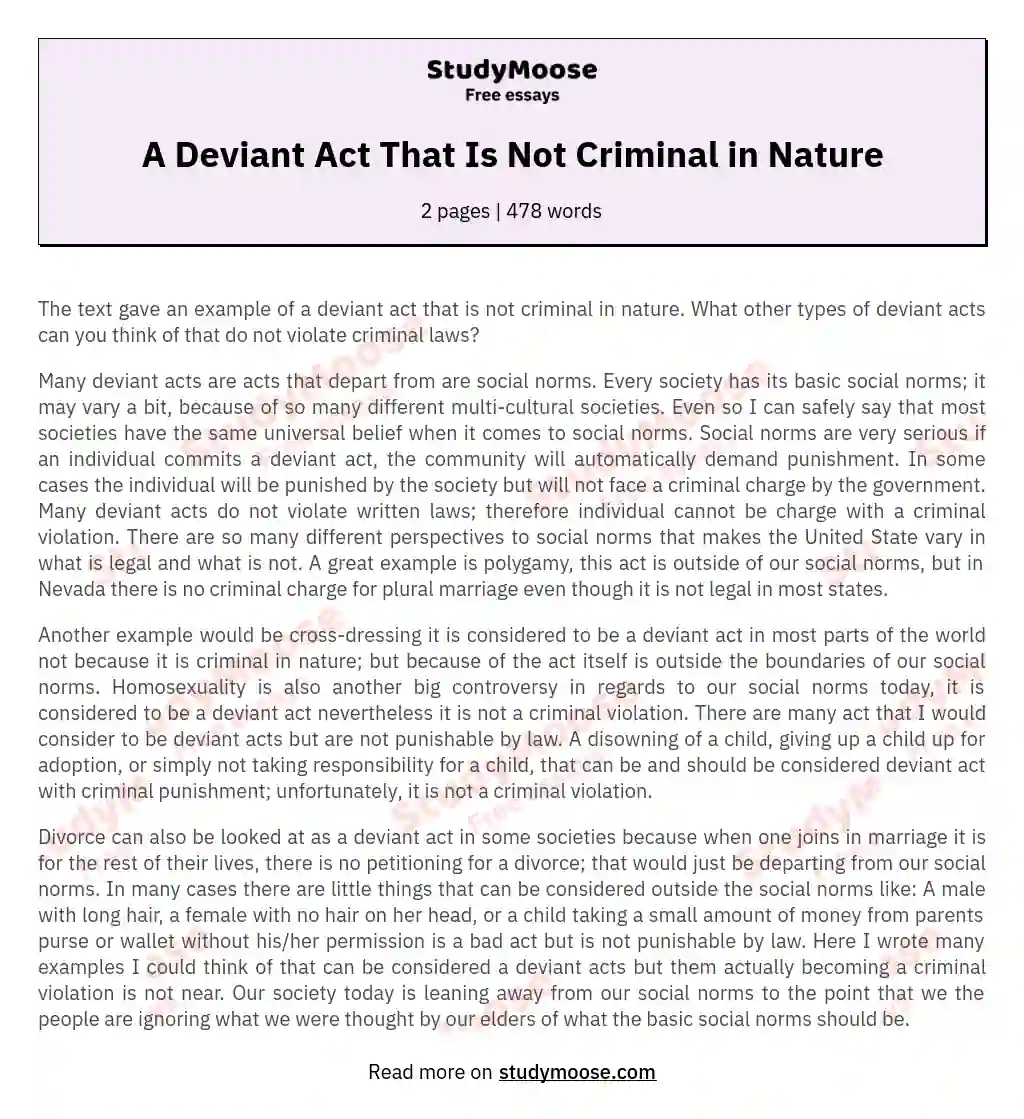 A Deviant Act That Is Not Criminal in Nature essay