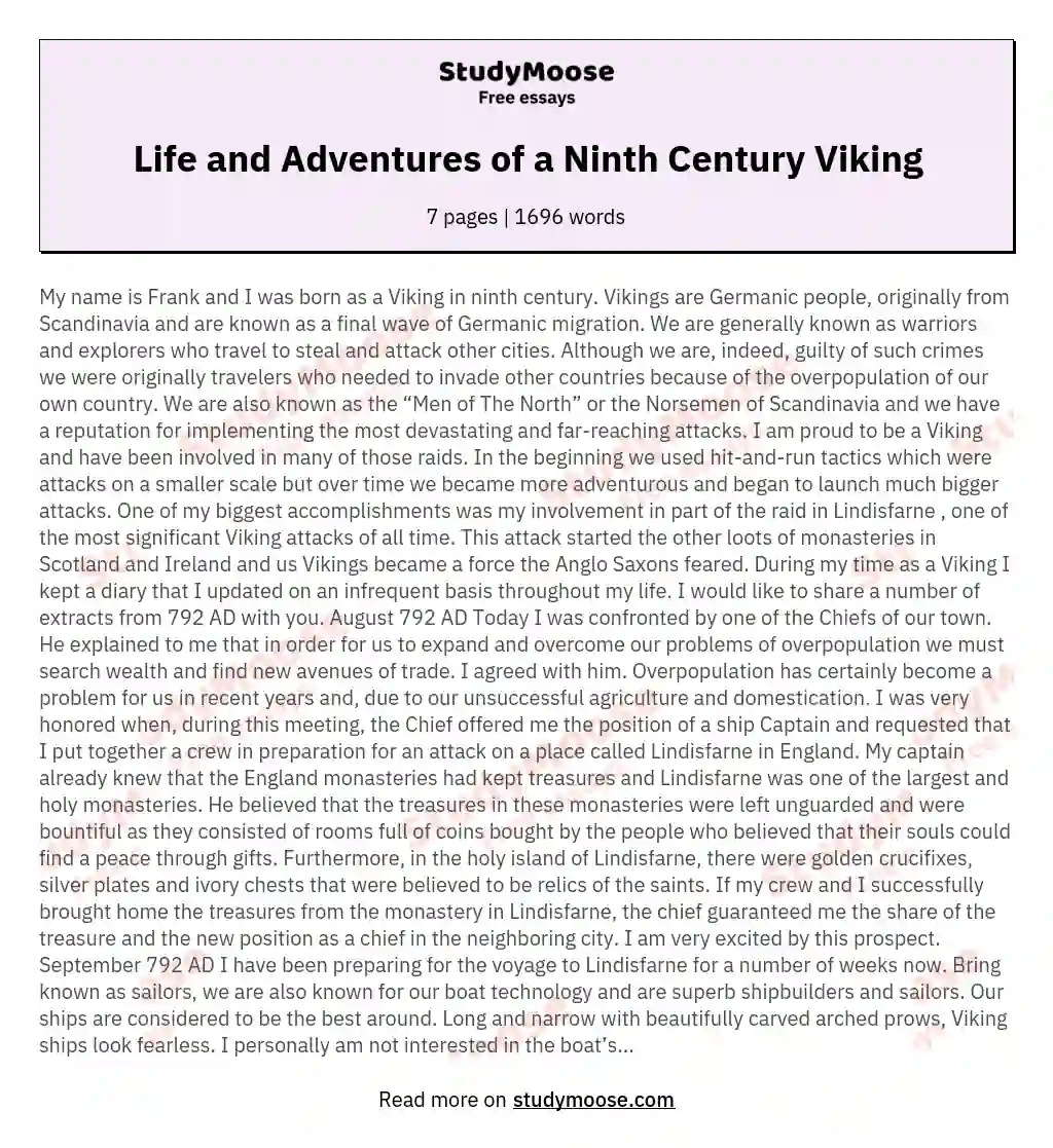 Life and Adventures of a Ninth Century Viking essay