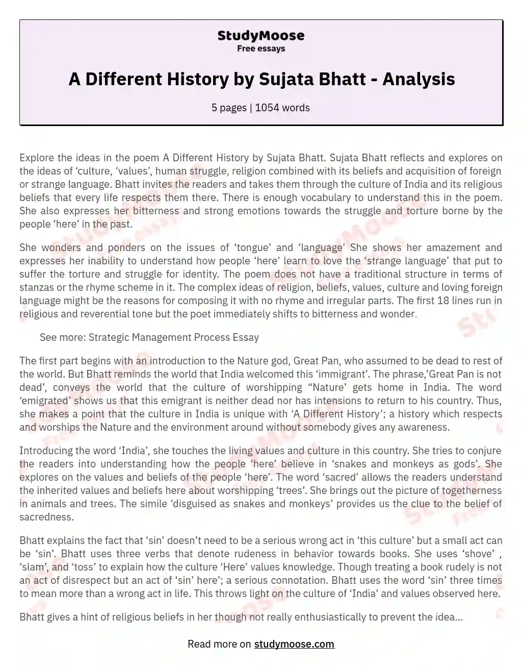 A Different History by Sujata Bhatt - Analysis essay