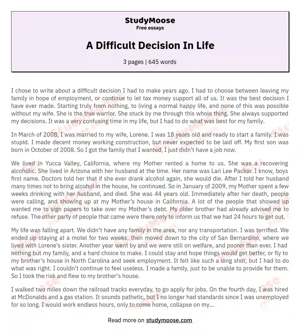 A Difficult Decision In Life essay