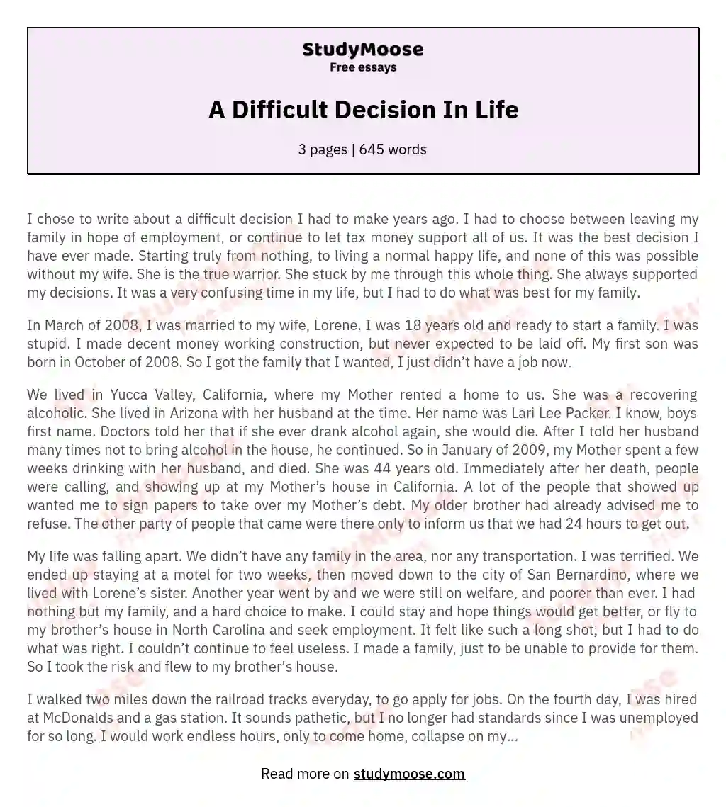 essay about a difficult time in my life