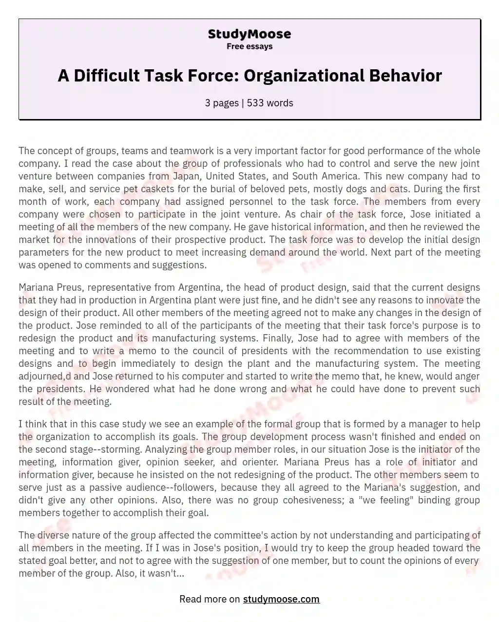 A Difficult Task Force: Organizational Behavior