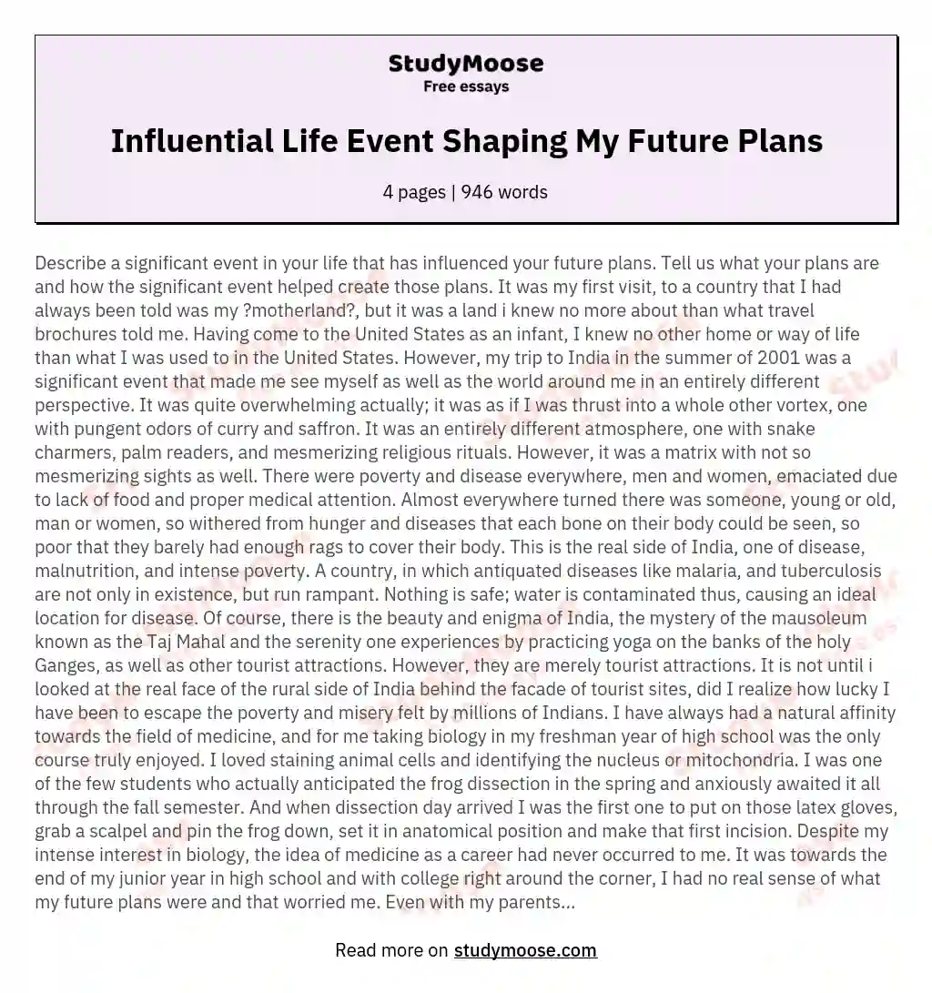 Influential Life Event Shaping My Future Plans essay