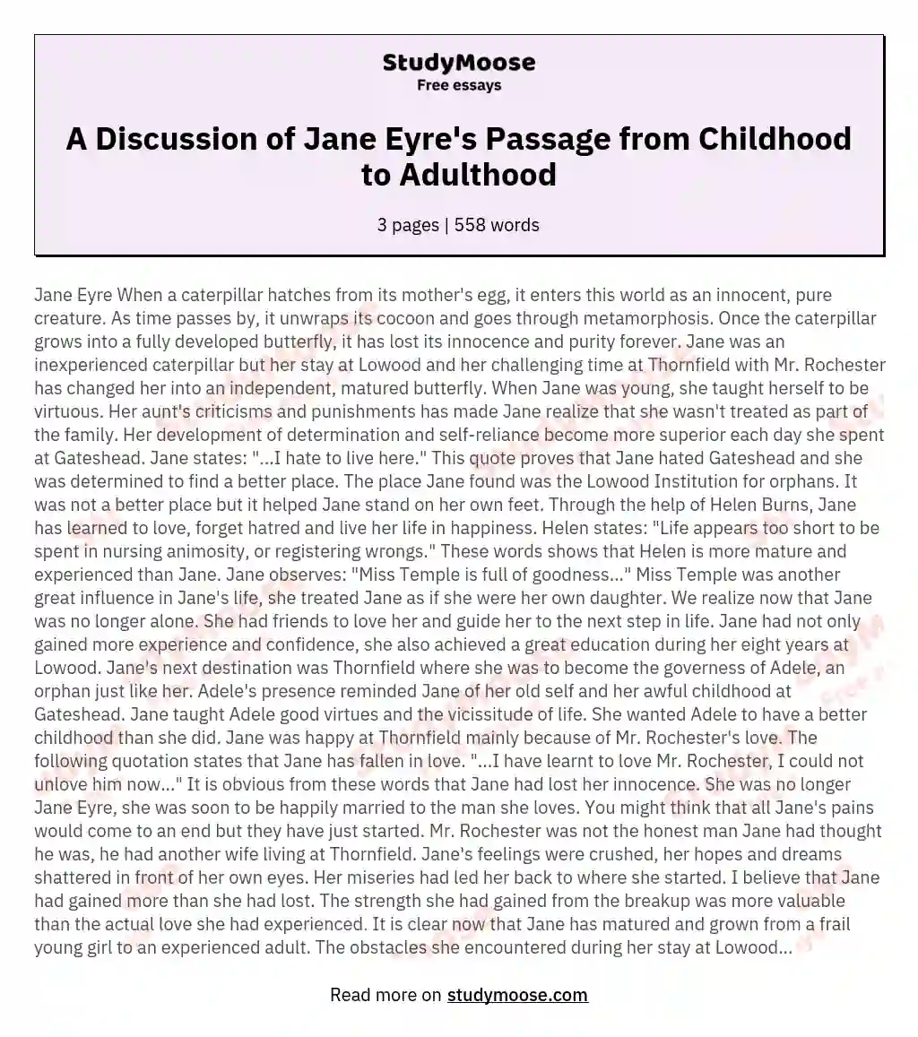 A Discussion of Jane Eyre's Passage from Childhood to Adulthood essay