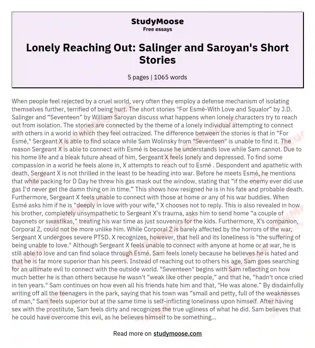 Lonely Reaching Out: Salinger and Saroyan's Short Stories essay