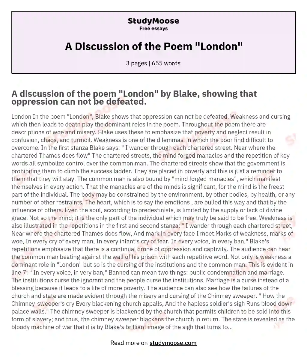 A Discussion of the Poem "London" essay