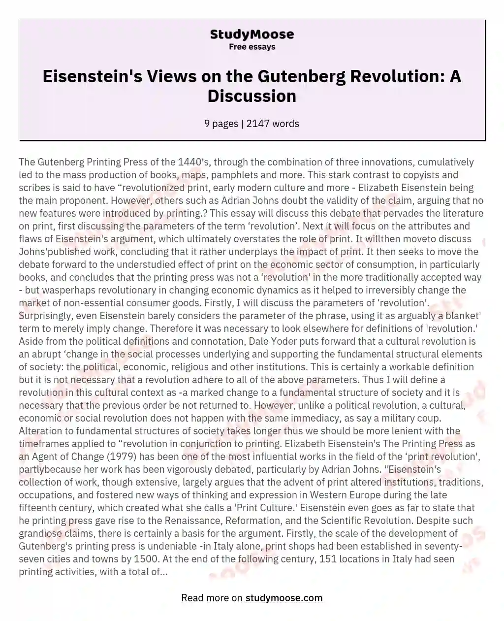 Eisenstein's Views on the Gutenberg Revolution: A Discussion essay