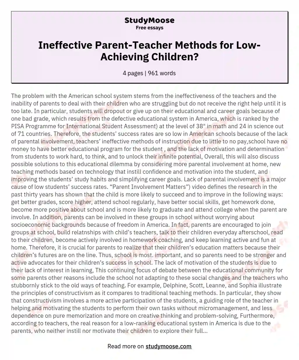 Ineffective Parent-Teacher Methods for Low-Achieving Children? essay
