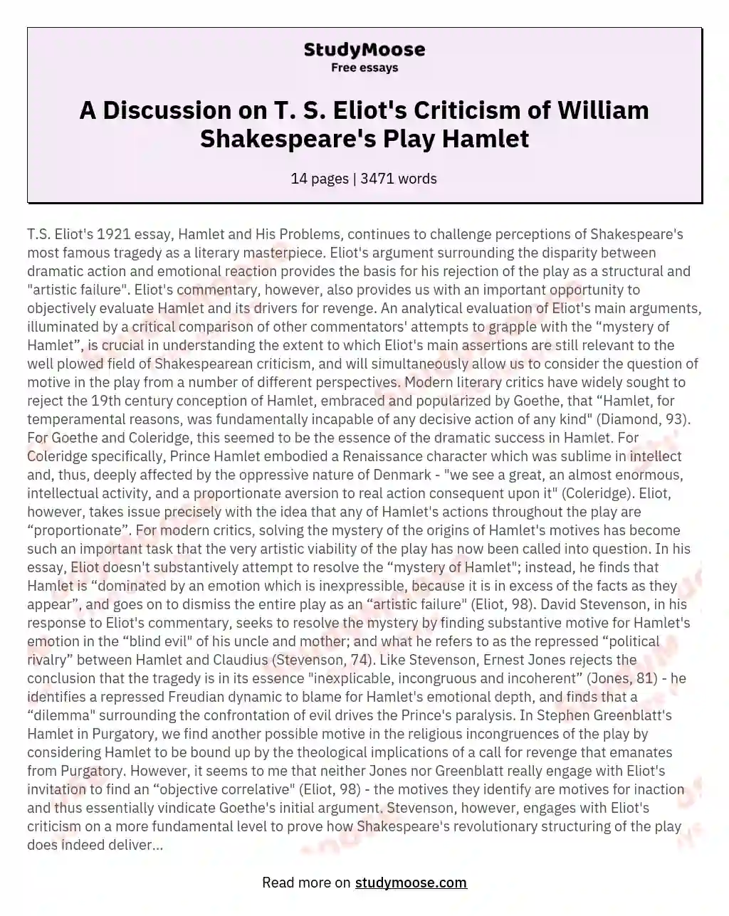 A Discussion on T. S. Eliot's Criticism of William Shakespeare's Play Hamlet