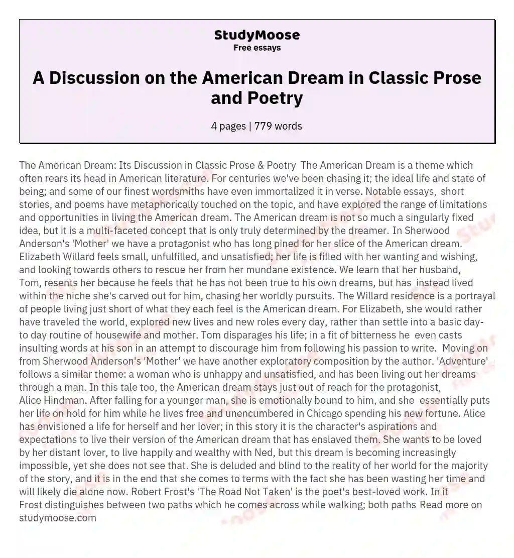 A Discussion on the American Dream in Classic Prose and Poetry essay