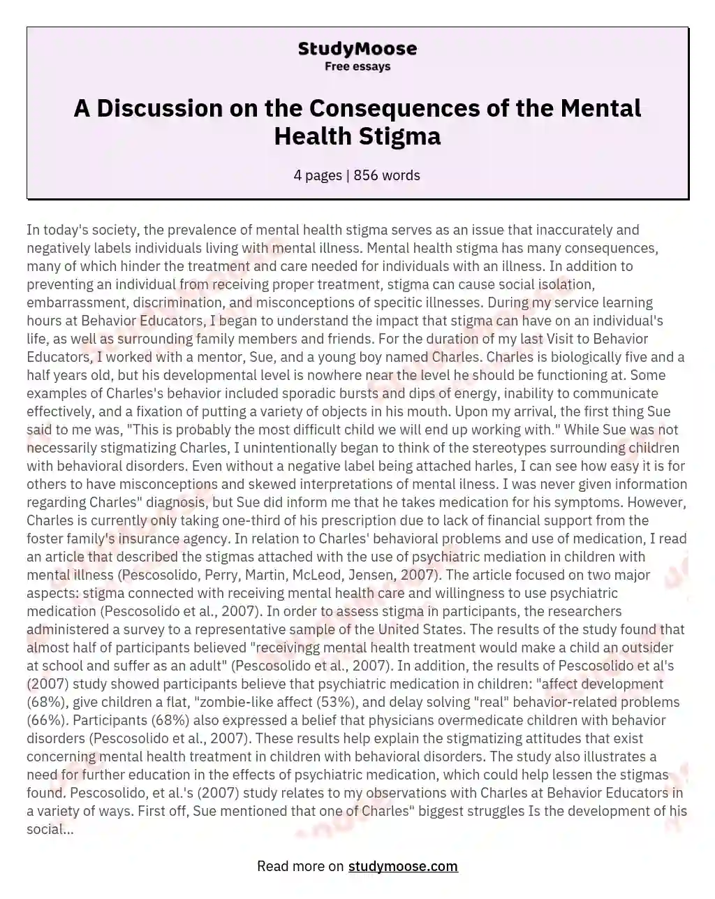 A Discussion on the Consequences of the Mental Health Stigma essay