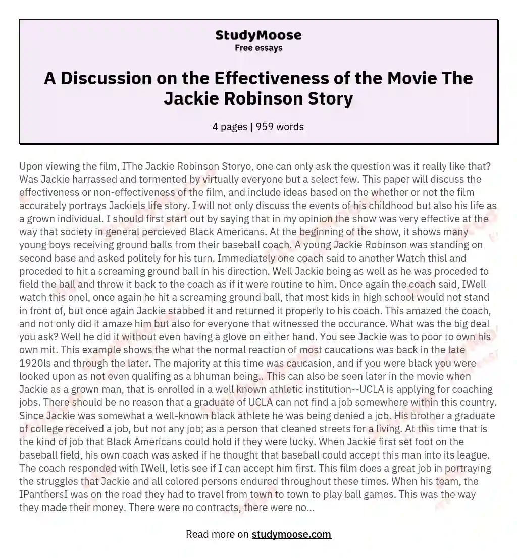 A Discussion on the Effectiveness of the Movie The Jackie Robinson Story essay