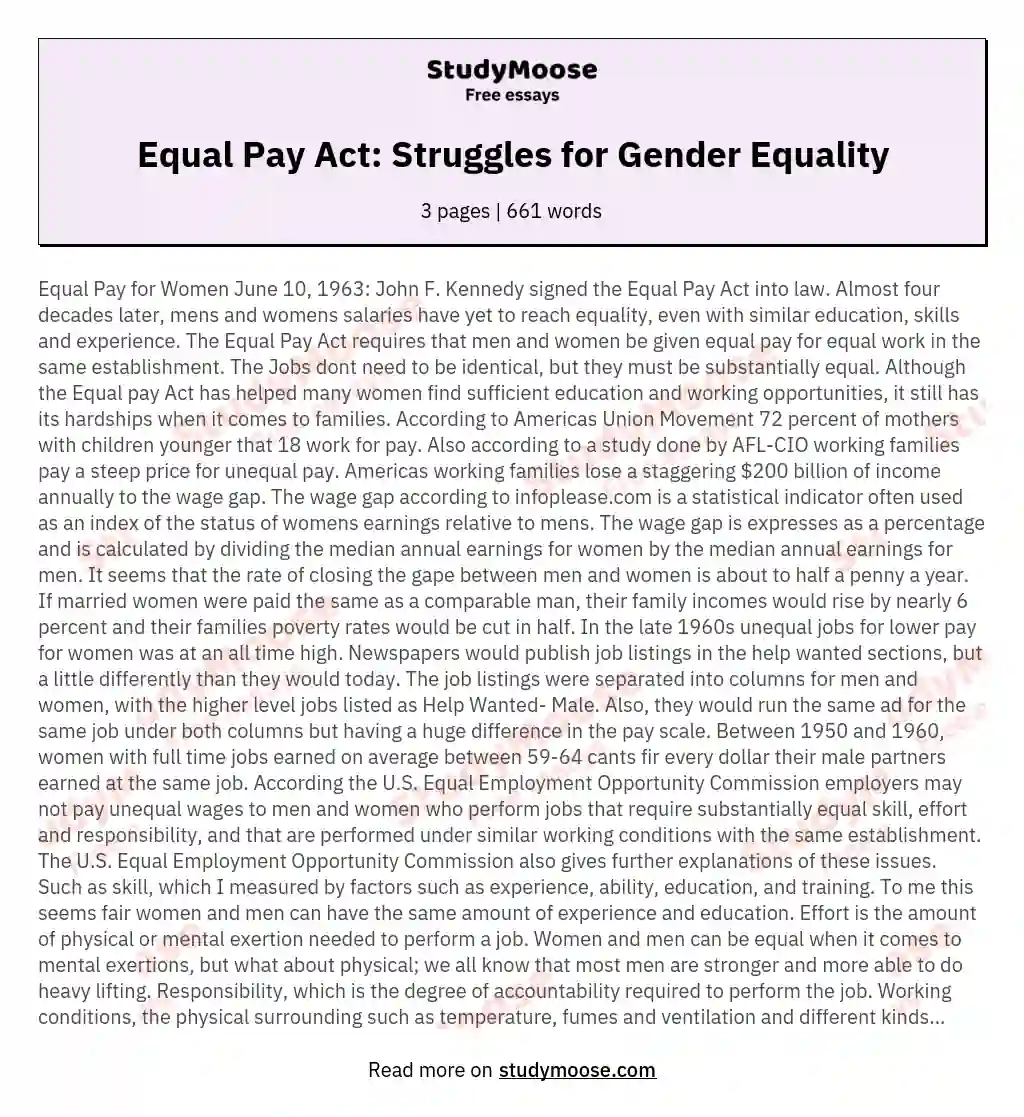 Equal Pay Act: Struggles for Gender Equality essay