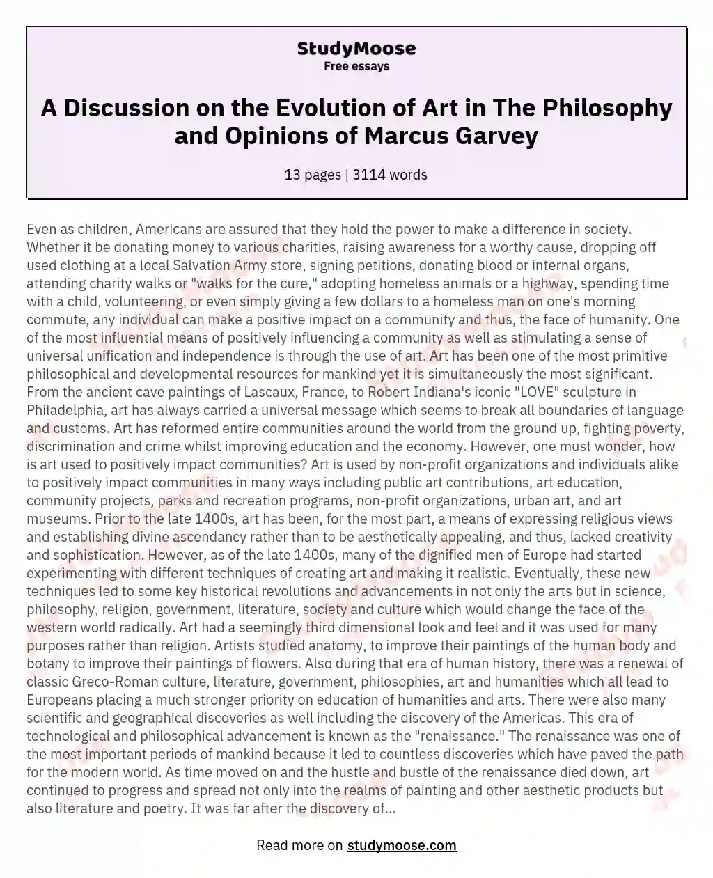 A Discussion on the Evolution of Art in The Philosophy and Opinions of Marcus Garvey essay