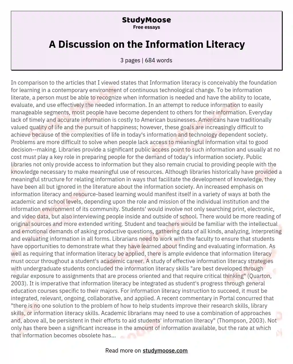 A Discussion on the Information Literacy essay