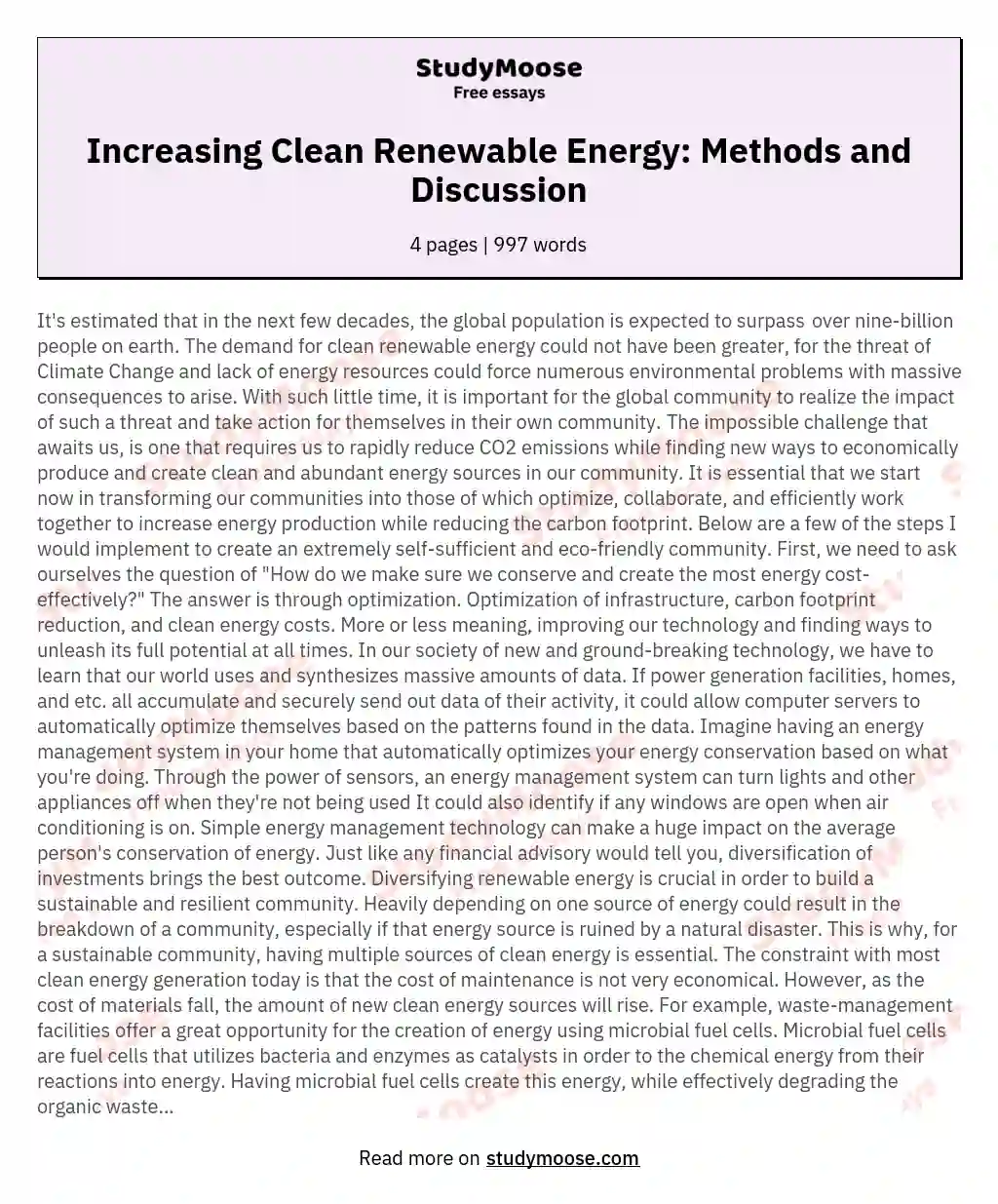 Increasing Clean Renewable Energy: Methods and Discussion essay