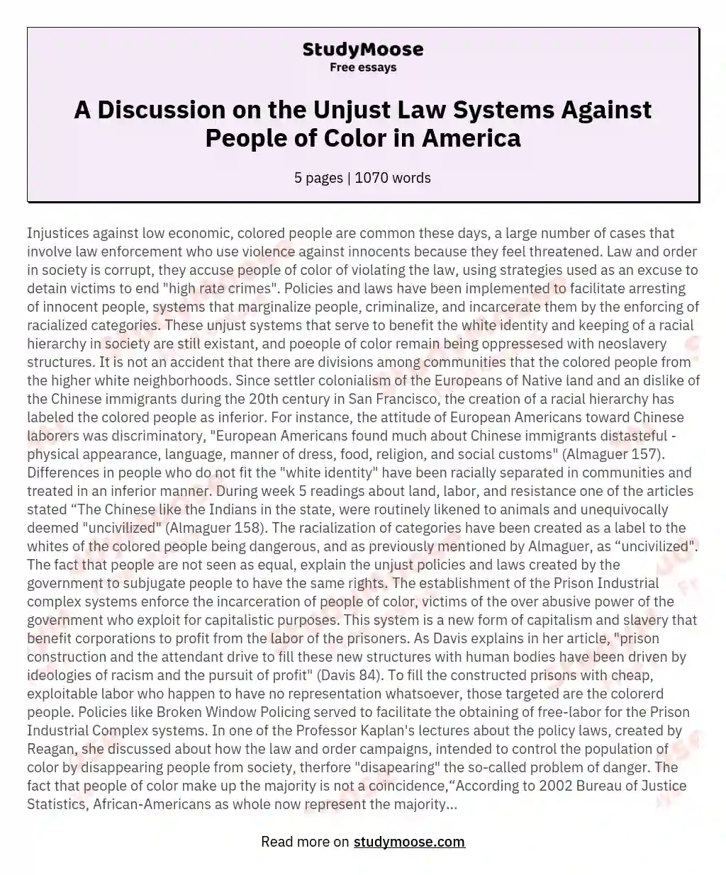 A Discussion on the Unjust Law Systems Against People of Color in America essay