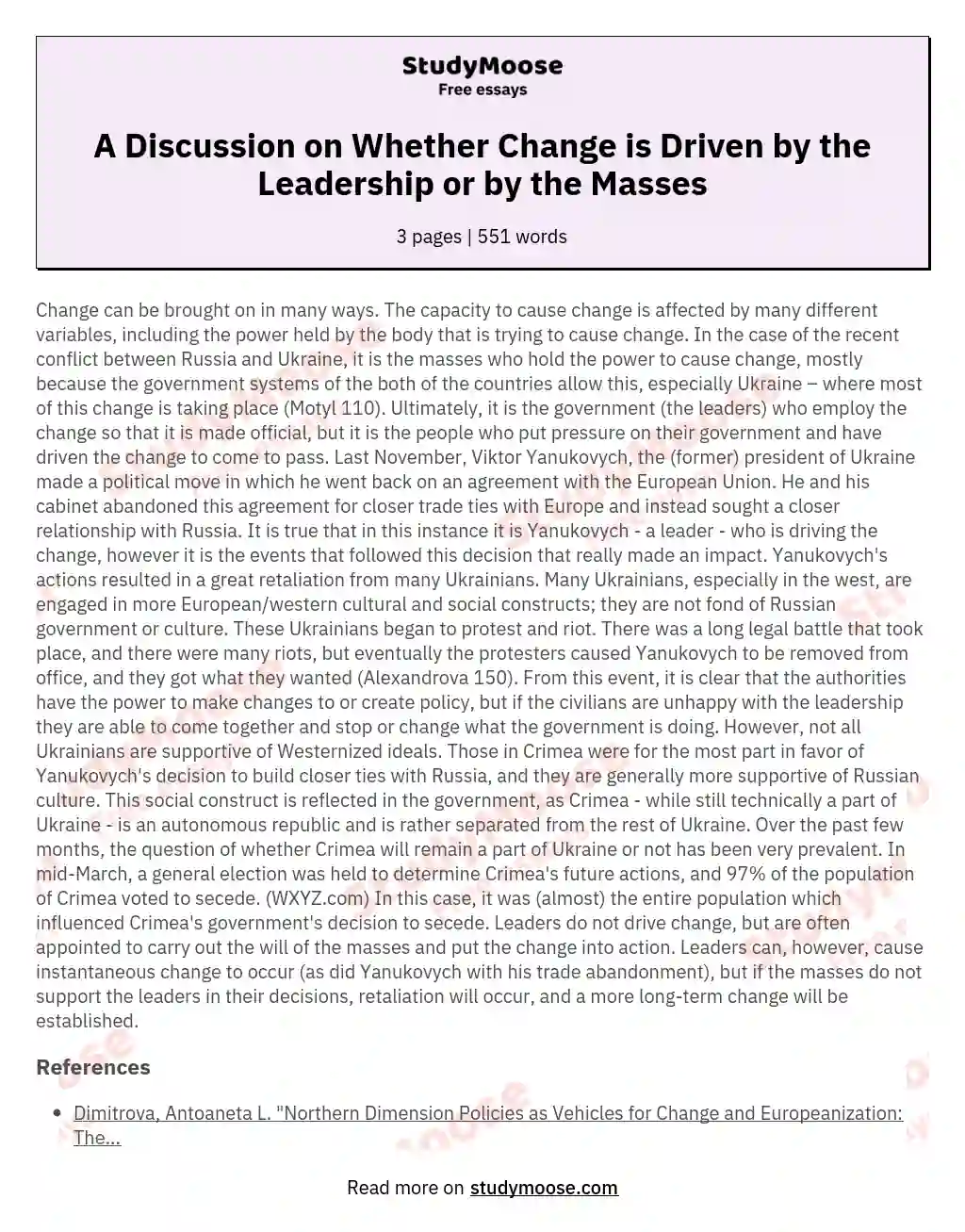 A Discussion on Whether Change is Driven by the Leadership or by the Masses essay