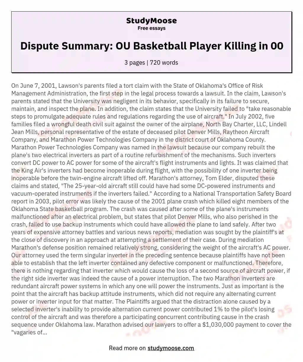 Dispute Summary: OU Basketball Player Killing in 00 essay