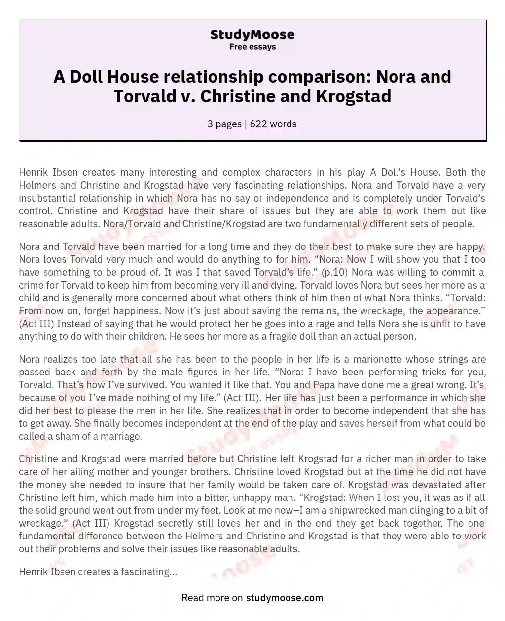 A Doll House relationship comparison: Nora and Torvald v. Christine and Krogstad essay