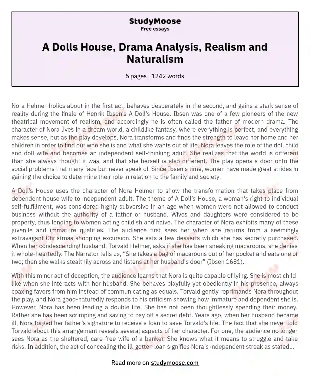 A Dolls House, Drama Analysis, Realism and Naturalism essay