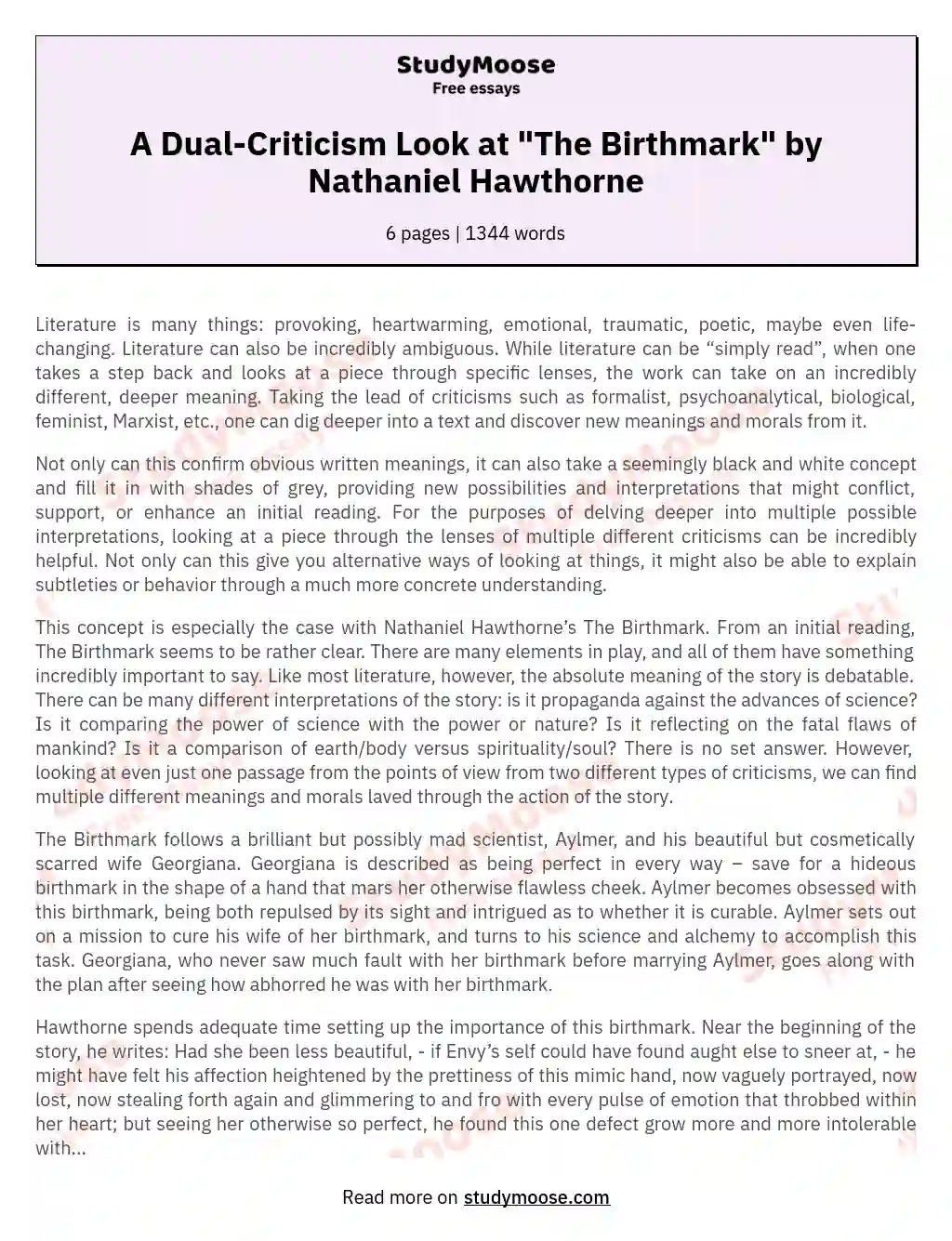 A Dual-Criticism Look at "The Birthmark" by Nathaniel Hawthorne essay