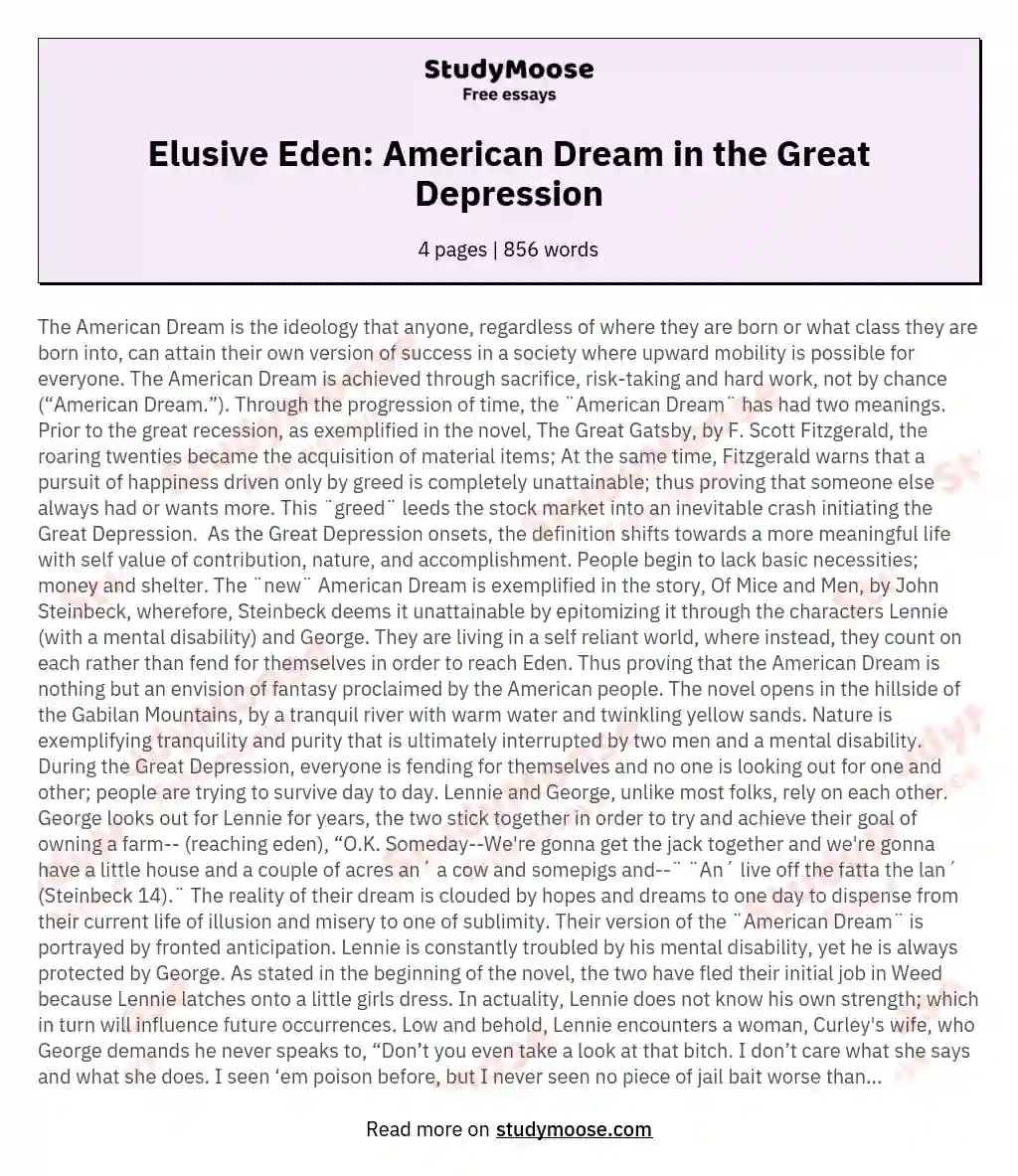 Elusive Eden: American Dream in the Great Depression essay