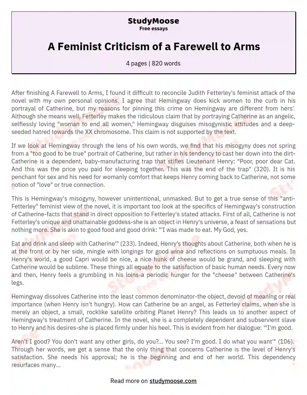A Feminist Criticism of a Farewell to Arms