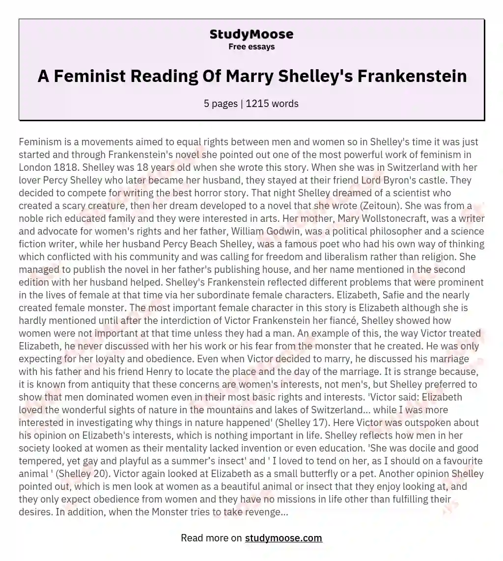 A Feminist Reading Of Marry Shelley's Frankenstein essay