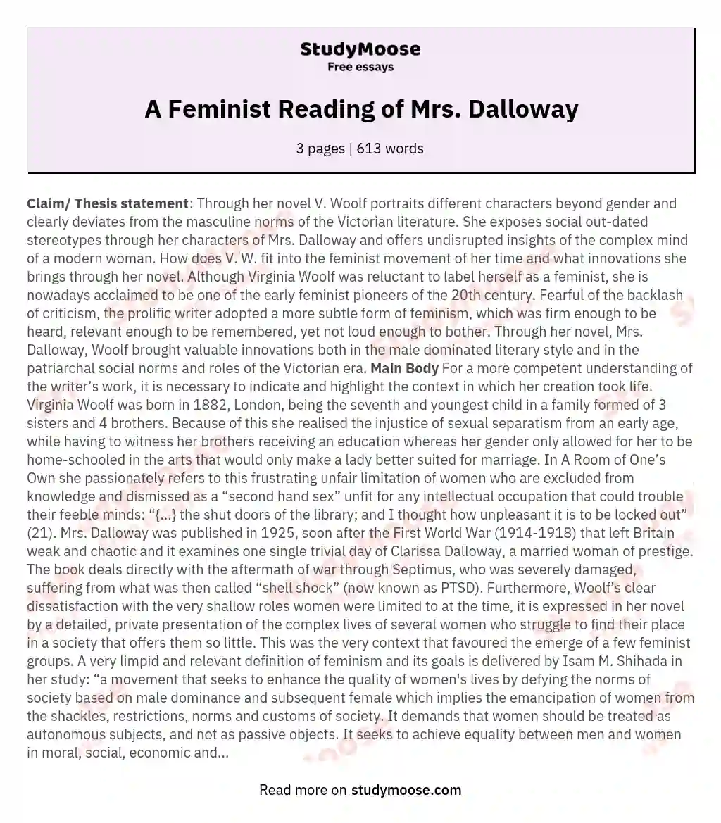 A Feminist Reading of Mrs. Dalloway essay