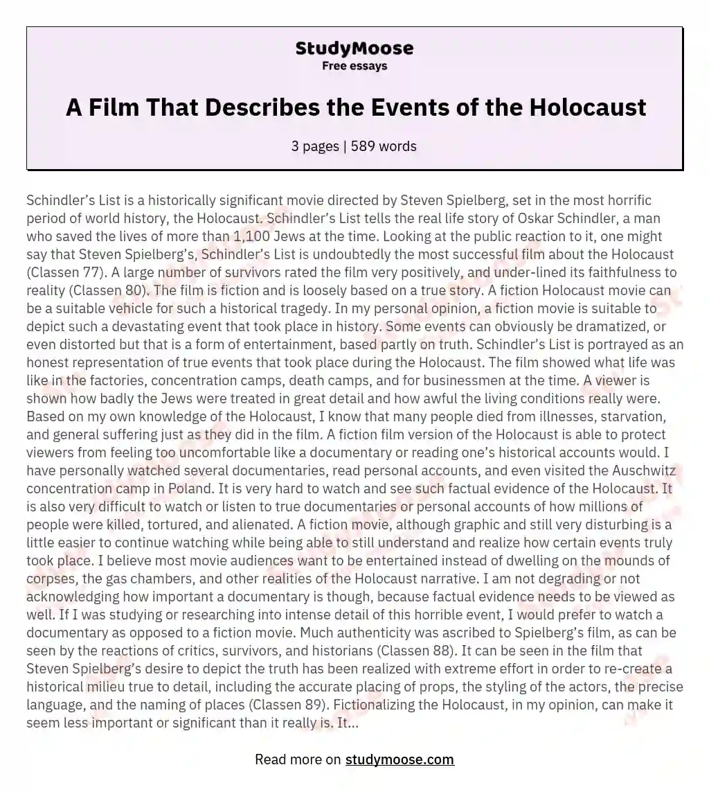 A Film That Describes the Events of the Holocaust essay