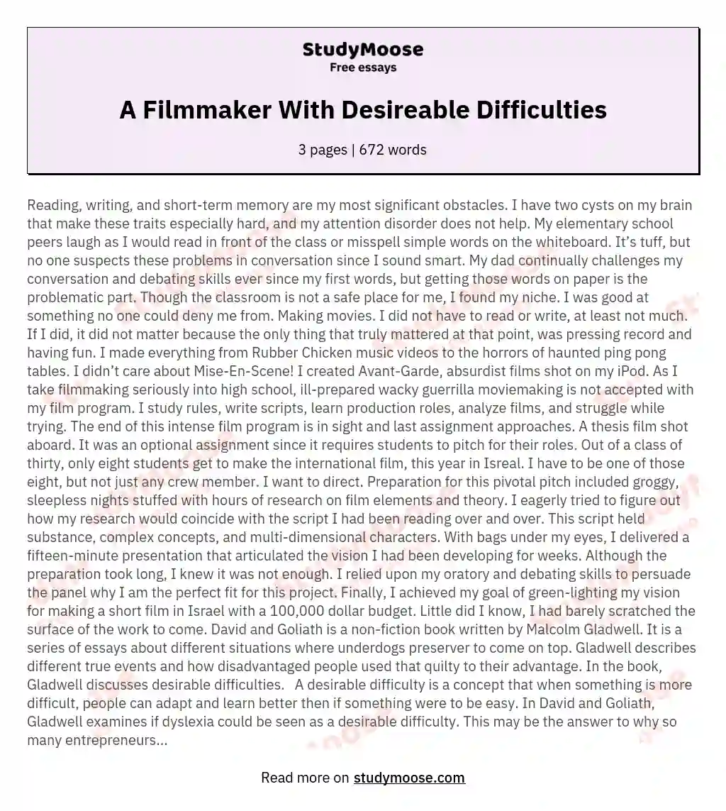 A Filmmaker With Desireable Difficulties essay