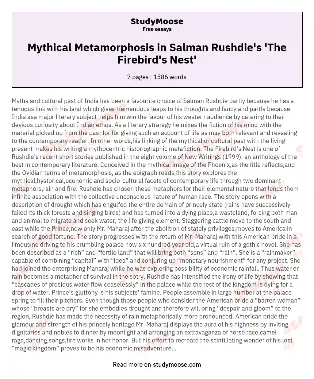 Mythical Metamorphosis in Salman Rushdie's 'The Firebird's Nest' essay